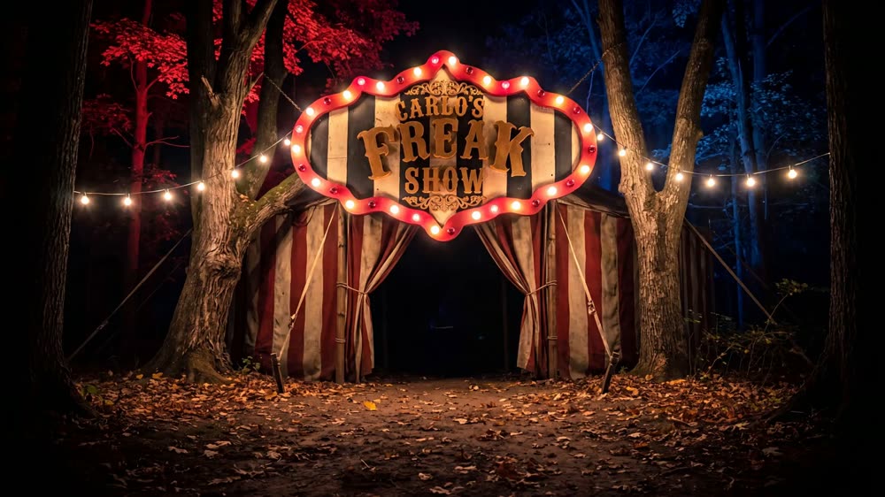 The lit Carlø's Freak Show tent in the woods