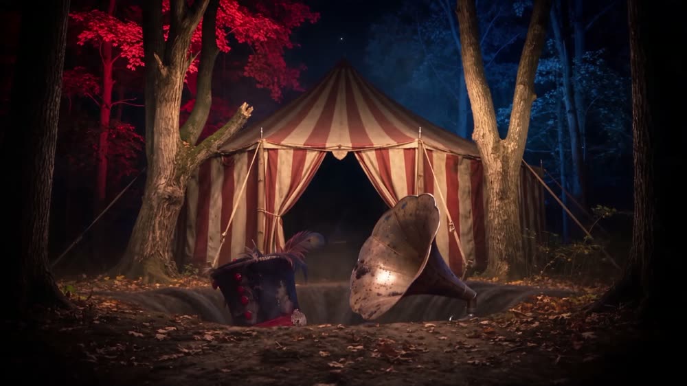 A gramophone and a top hat in the leaves outside the tent